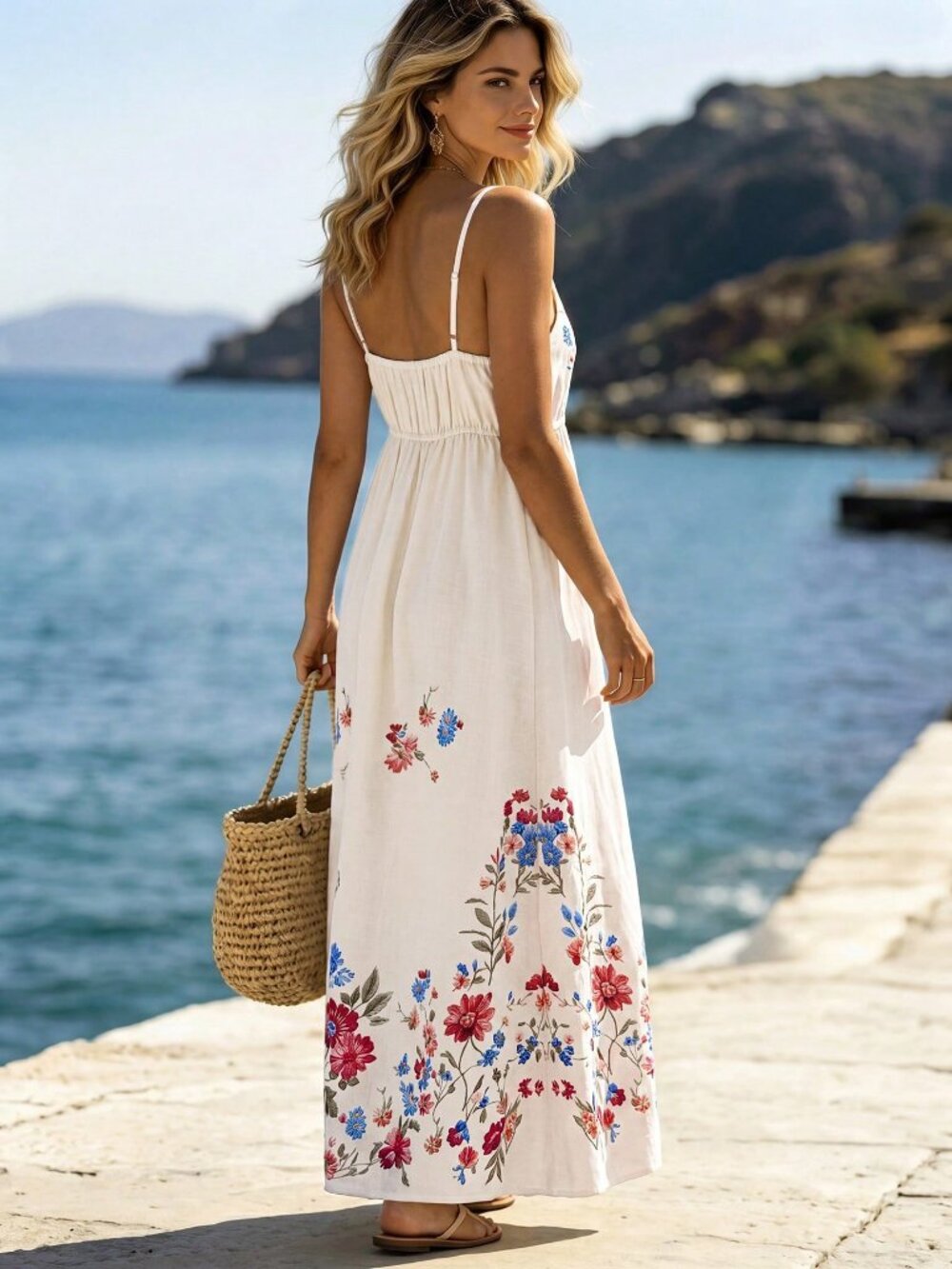 Apricot Boho Women's style Floral Print Spaghetti Strap High Waist Dress - Picture 2 of 6